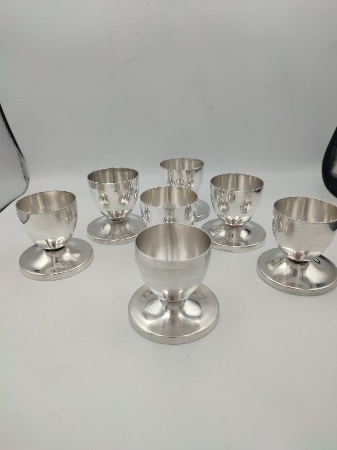 7 Oscar Wiskemann eierdopjes – verzilverd – België – vintage, Ophalen of Verzenden, Zilver