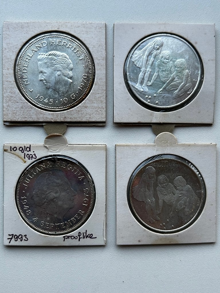 2x Tientjes (1970/1973) + 2x Sterling Penningen, Postzegels en Munten, Munten | Nederland, Koningin Juliana, Setje, Zilver, Ophalen of Verzenden