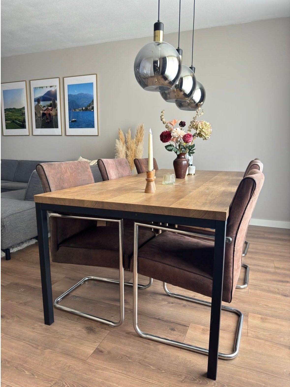6 Bruine suède eetkamerstoelen, Huis en Inrichting, Ophalen, Gebruikt, Bruin, Stof