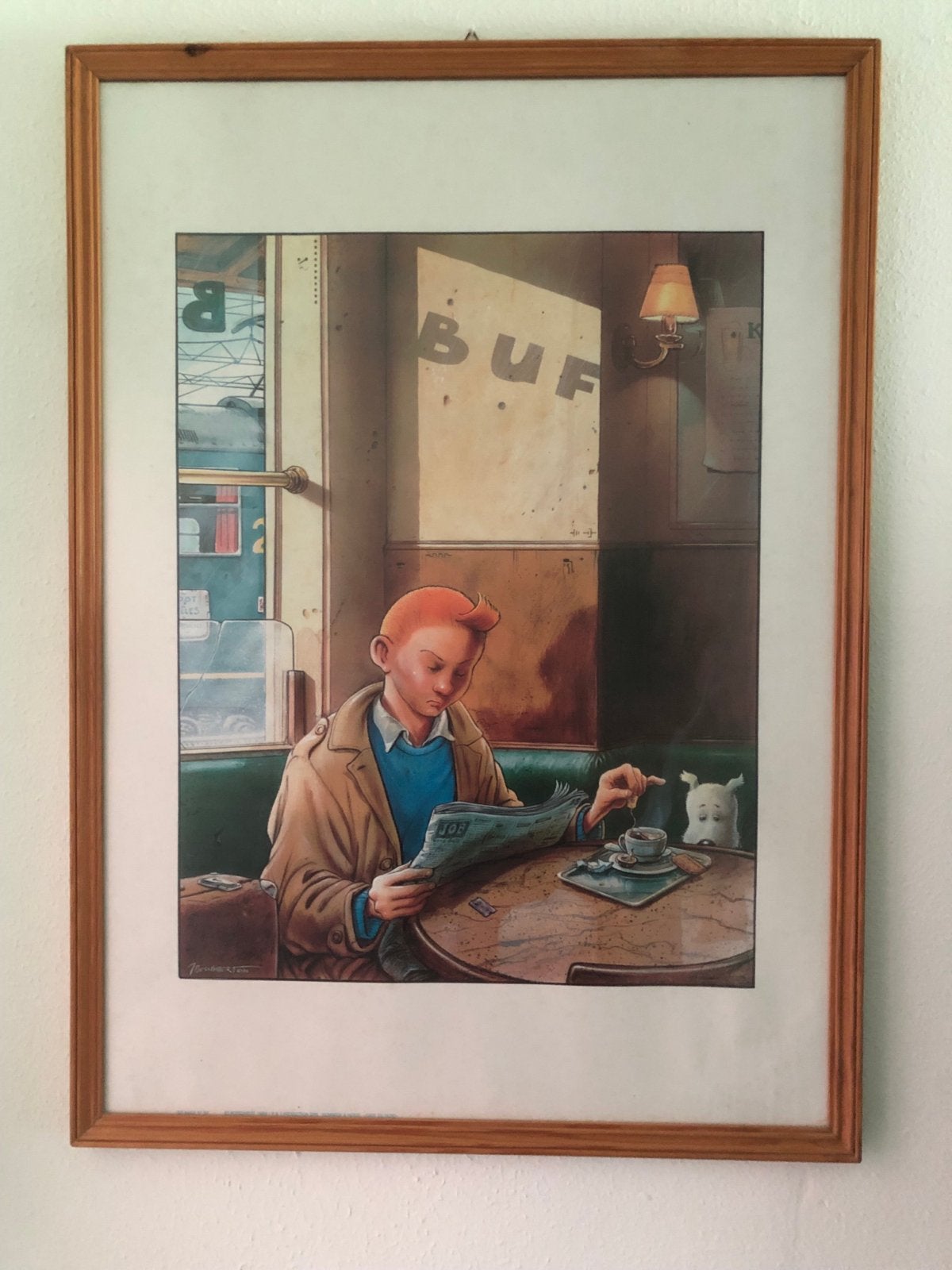 Ingelijste Kuifje print - Kuifje in café met Bobbie, Ophalen, Print, Print/reproductie, Achter glas