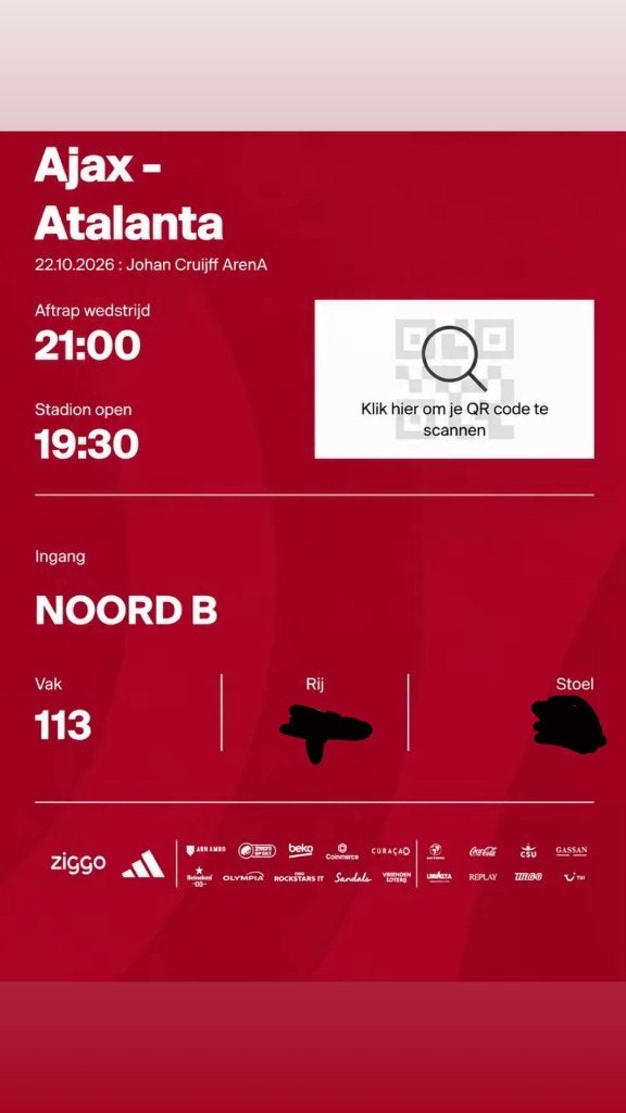 2 kaartjes Ajax - Atalanta - Vak 113, Tickets en Kaartjes, Losse kaart, Twee personen, Oktober