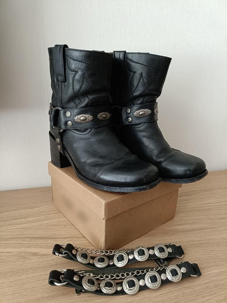 Originele Sendra Boots Bikerlaarzen, Zwart Leer met sporen, Kleding | Dames, Schoenen, Zwart, Lage of Enkellaarzen, Ophalen of Verzenden