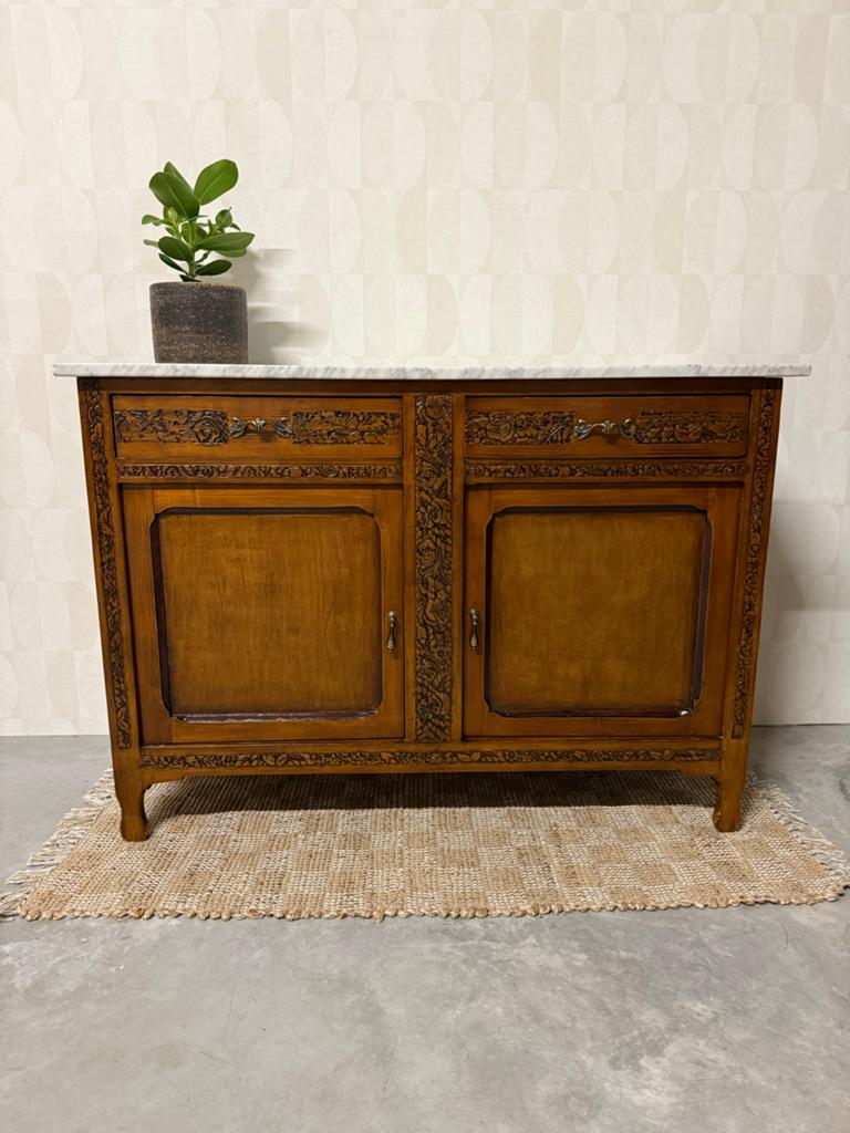 Vintage dressoir commode met marmer blad houtsnijwerk antiek, Huis en Inrichting, Kasten | Dressoirs, Gebruikt, Vintage, 25 tot 50 cm