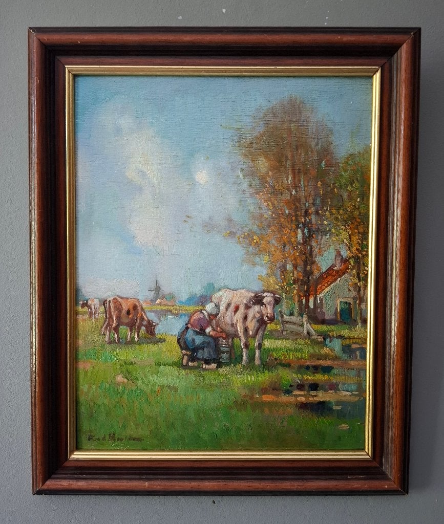 Landschap met koeien - Paneel - Gesigneerd - 1960, Antiek en Kunst, Ophalen of Verzenden