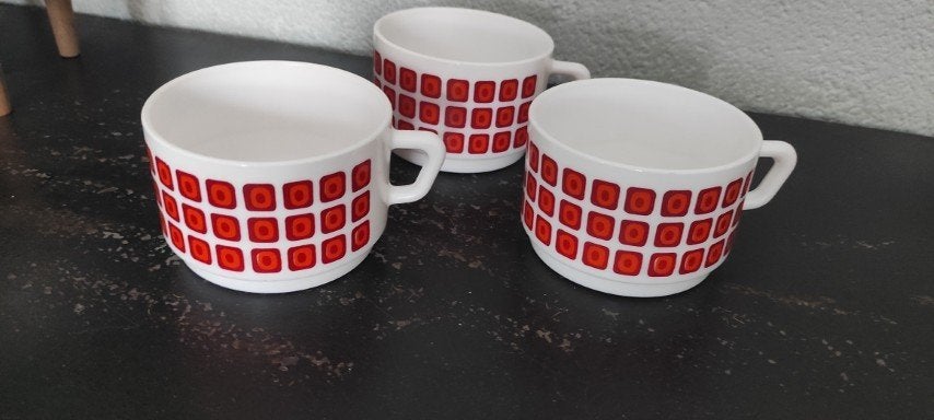 Vintage soepkommen Arcopal wit rood blokjes 4x, Gebruikt, Ophalen of Verzenden, Glas, Kom(men)