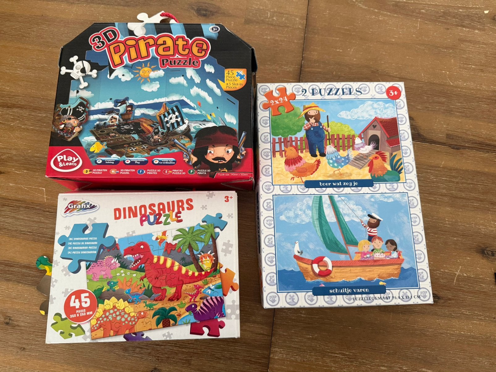 4 x puzzel: piraten, dino, boerderij & boot, Ophalen of Verzenden, 10 tot 50 stukjes, Gebruikt, 2 tot 4 jaar