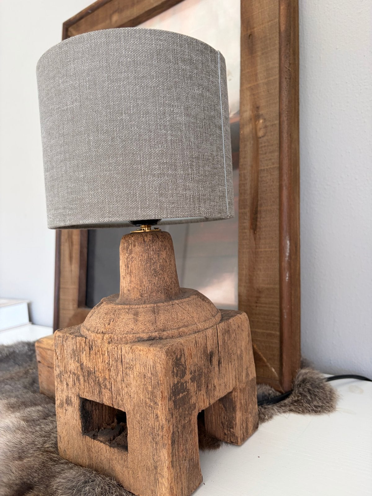 Unieke Landelijke Tafellamp - Sober Houten Design, Gebruikt, Overige merken, Sfeerlamp, Met kap