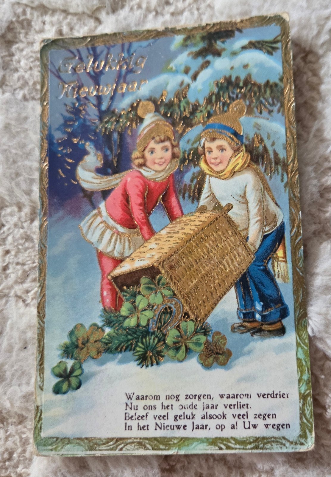 Antieke Nieuwjaar Ansichtkaart - Kinderen in Sneeuw, Verzenden, Voor 1920, Gelopen, Feest(dag)