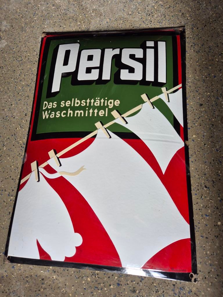 Emaille reclame bord van persil 40 br en 60 hoog., Ophalen, Gebruikt, Reclamebord