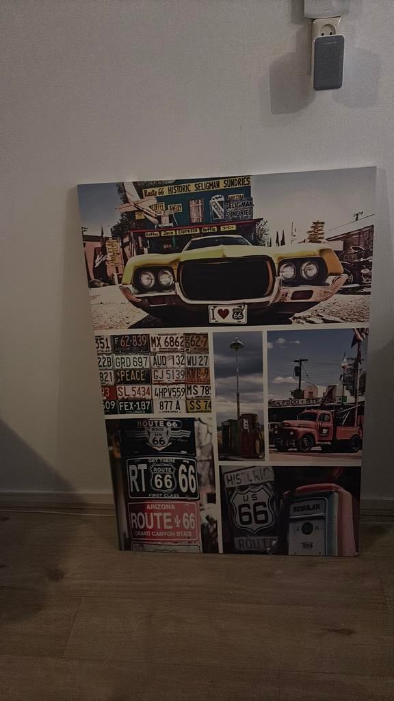 mooie grote canvas schilderij met oldtimers, Ophalen, Zo goed als nieuw