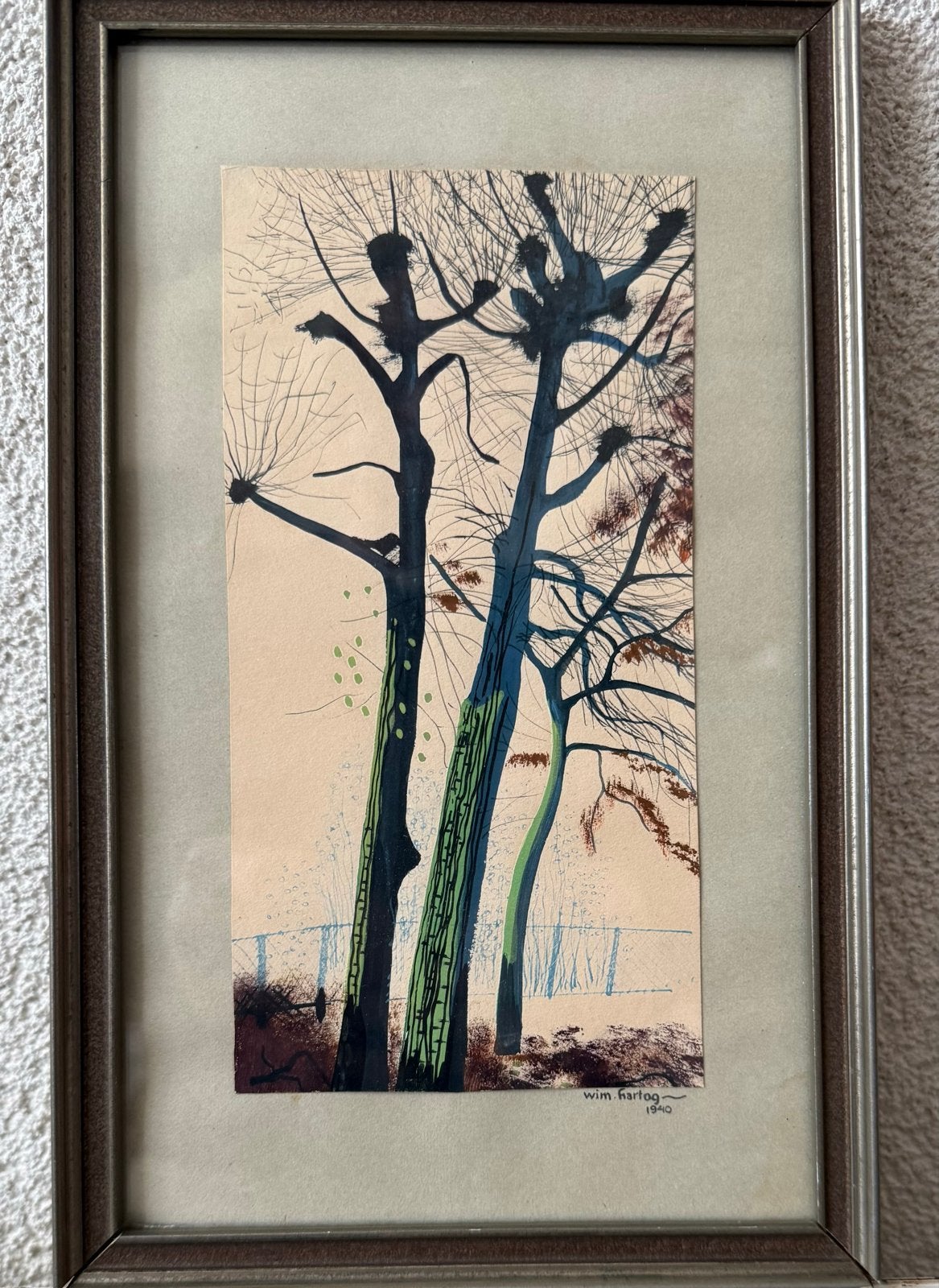 Wim Hartog  1940 - Ingelijste tekening afm. +/- 16 x 26 cm., Ophalen of Verzenden, Tekening, Pentekening, Achter glas