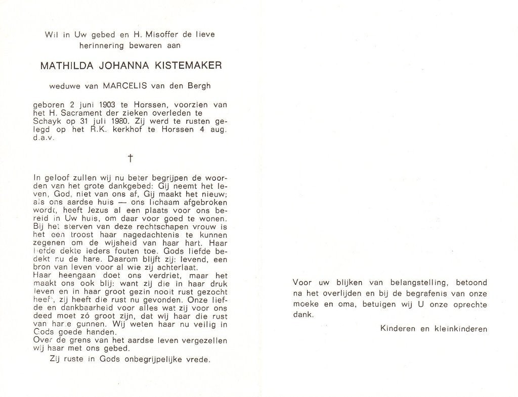 Horssen 1903 - Schayk 1980 Mathilda Kistemaker, Ophalen of Verzenden, Bidprentje