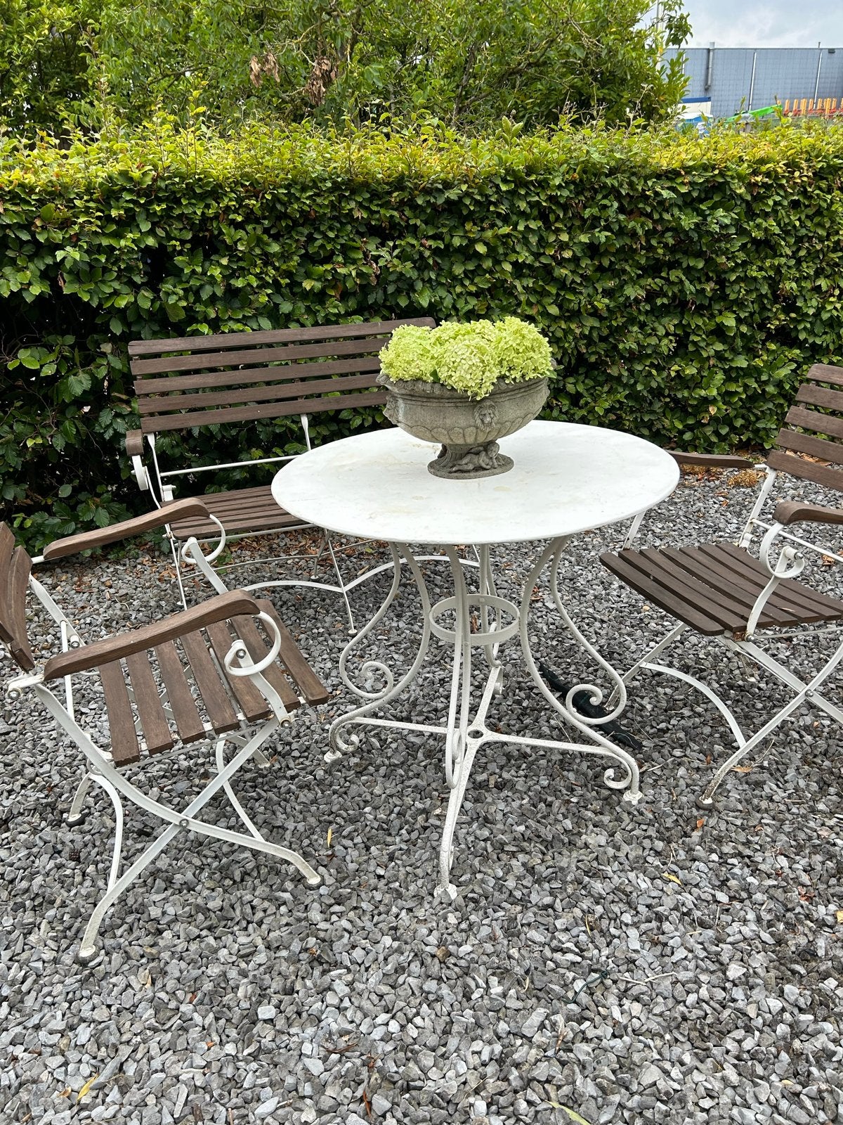 Franse Tuinset: 2 Inklapbare Stoelen, 1 Bank, Ronde Tafel, Ophalen, Gebruikt, Overige materialen, 4 zitplaatsen