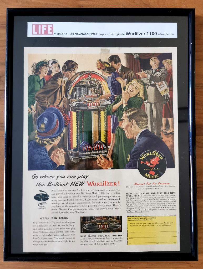 Originele Wurlitzer 1100 advertentie - 24 november 1947, Verzamelen, Automaten | Jukeboxen, Ophalen of Verzenden, Zo goed als nieuw