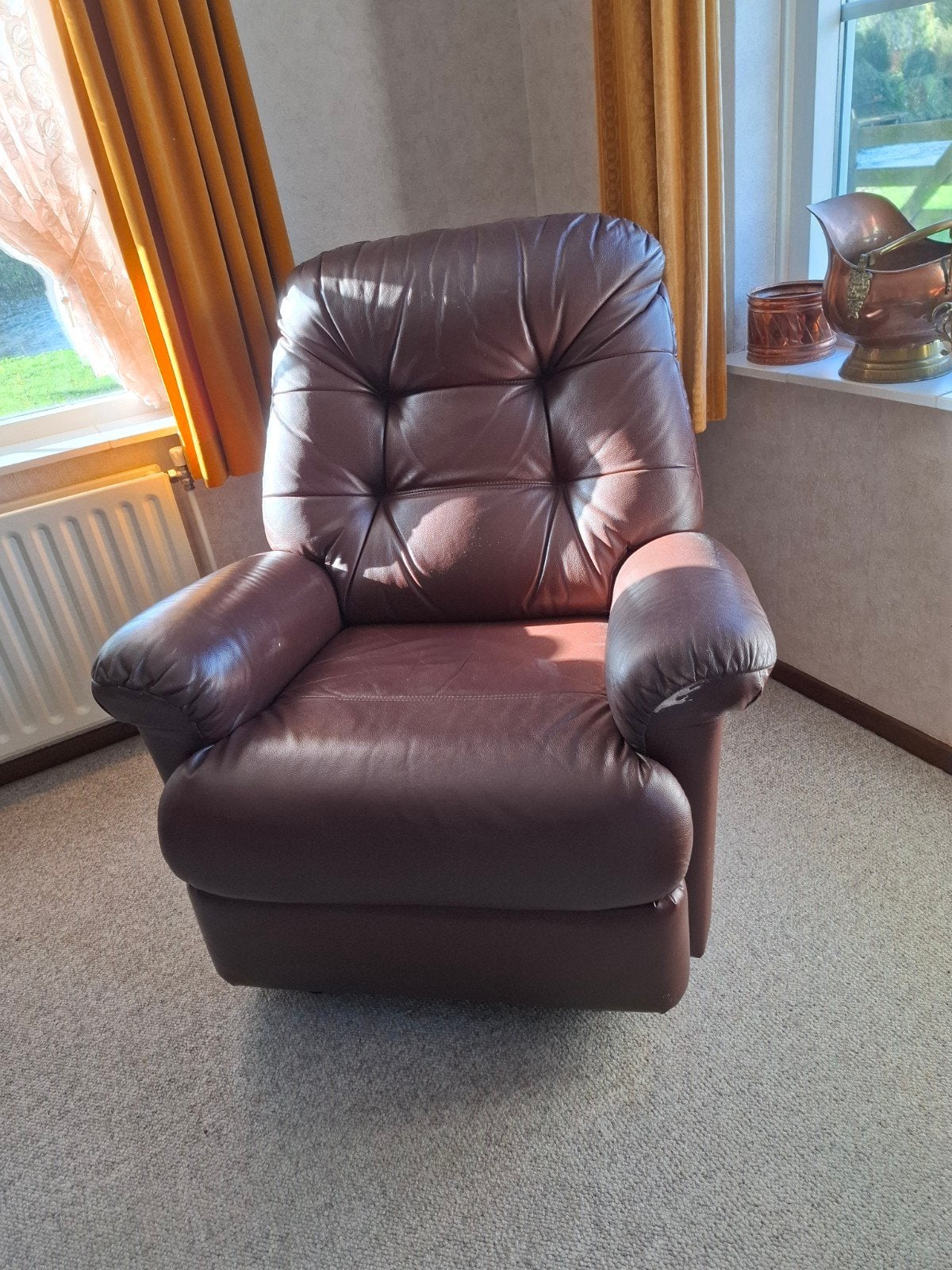 Comfortabele bruine leren relaxfauteuil, Ophalen, Gebruikt, Klassiek, Comfortabel, 75 tot 100 cm