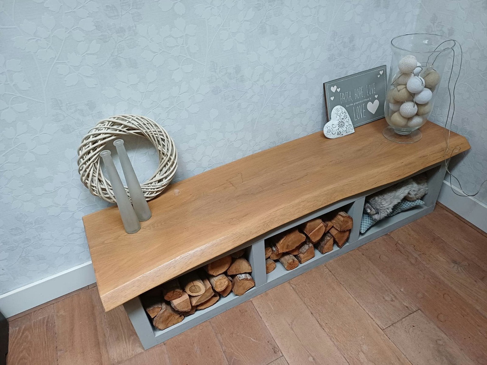 Laag dressoir grijs (Lack) met massief houten blad, Huis en Inrichting, Met plank(en), Gebruikt, 150 tot 200 cm, Ophalen of Verzenden