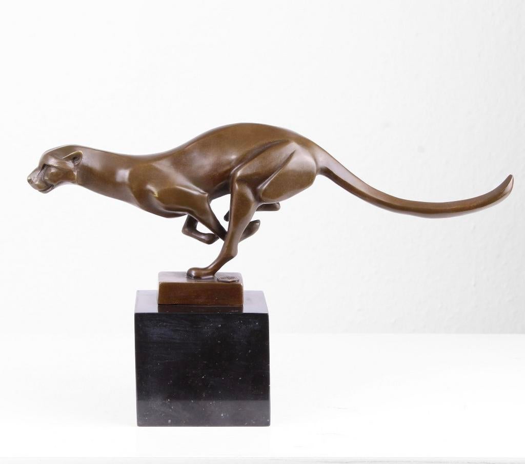Bronzen Cheetah Beeld op Sokkel - Modern en Elegant, Gepatineerd, Ophalen of Verzenden, 20 - 50 cm, Beeld
