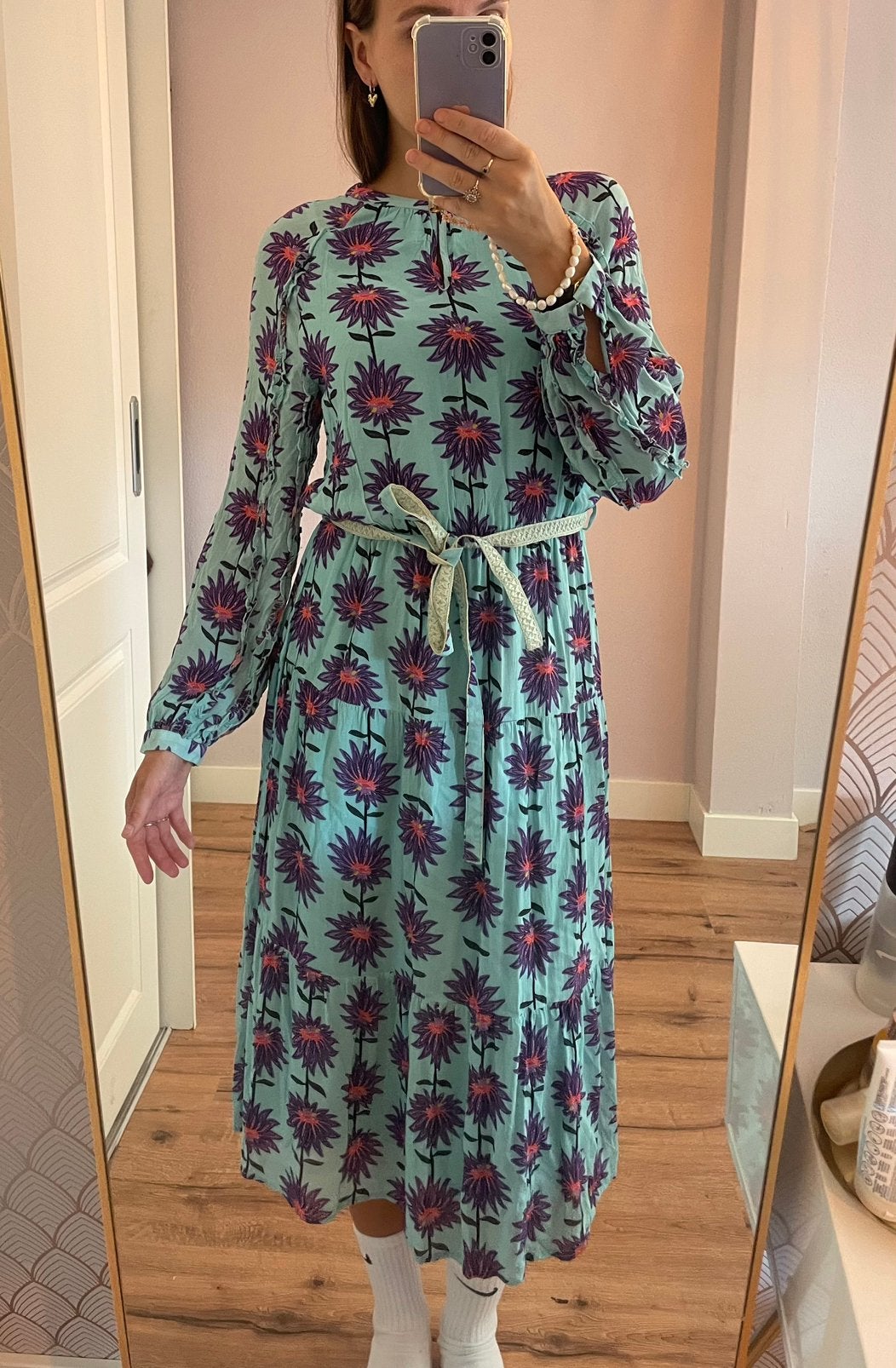 Pom Amsterdam georgie flower aqua jurk  maat S, Zo goed als nieuw, Maat 36 (S), Onder de knie, Verzenden