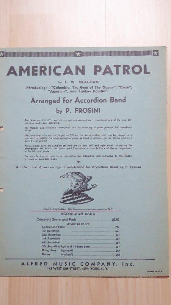 AMERICAN PATROL arranged for Accordion Band by P. Frosini, Gebruikt, Ophalen of Verzenden, Artiest of Componist, Populair