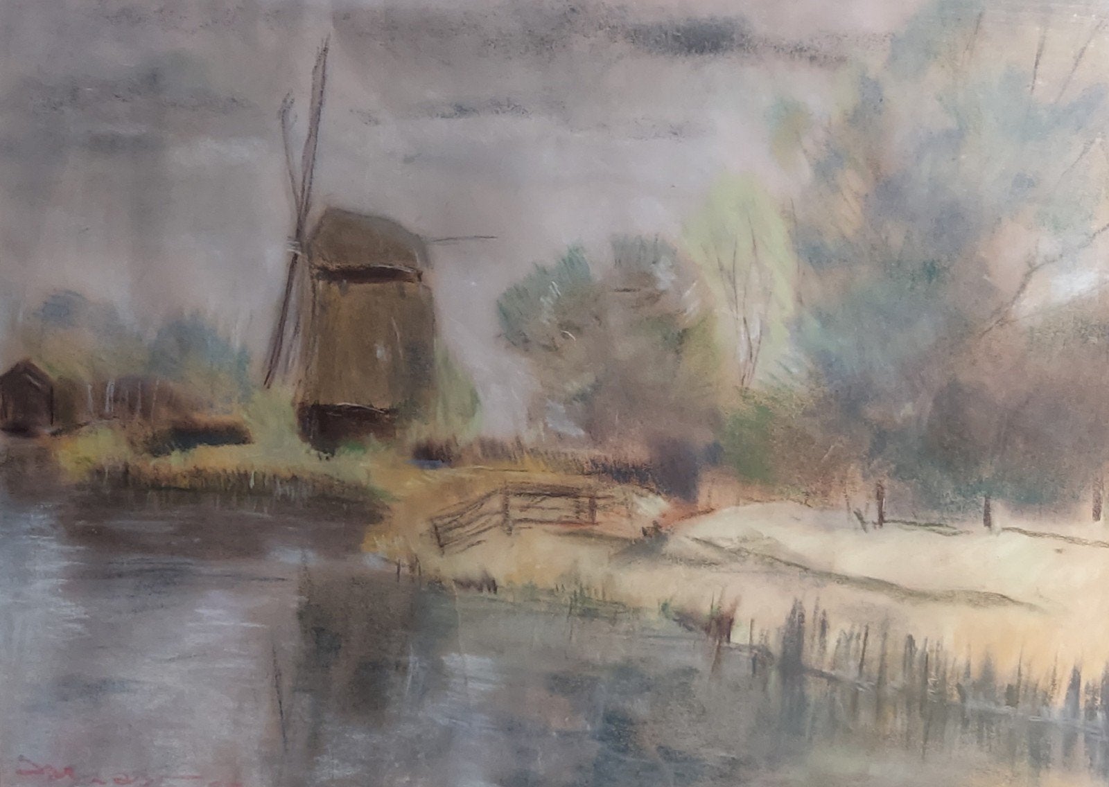 landschap met molen - onduidelijk gesigneerd, Ophalen, Impressionistisch, Landschap, Gesigneerd