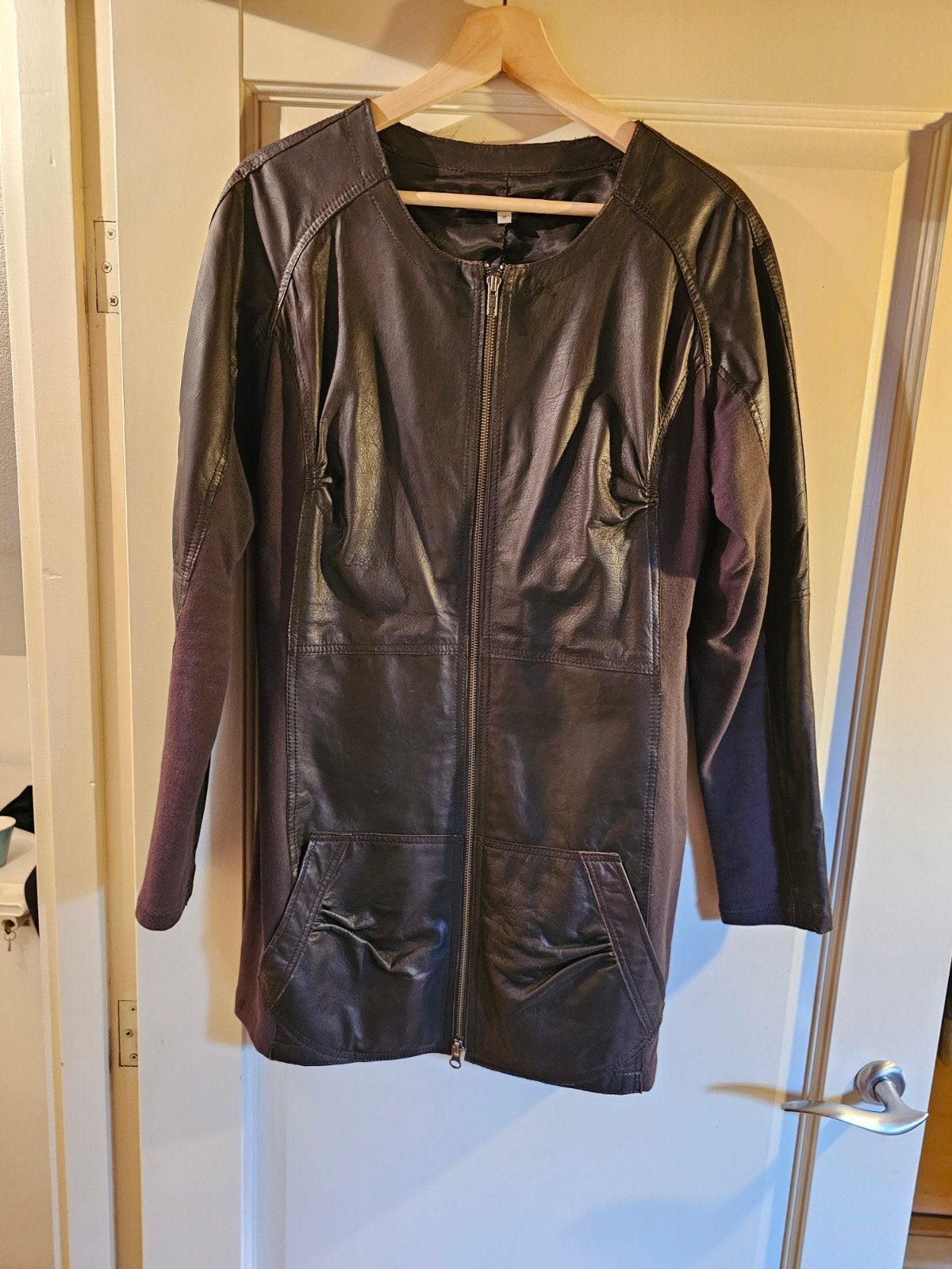 Leren jurkje met stoffen bies, maat 38, Maat 38/40 (M), Sylver, Bruin, Verzenden