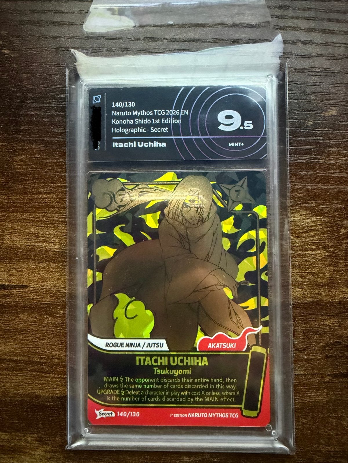 Itachi Uchiha Secret Rare 140/130 Naruto Mythos TCG mint 9.5, Ophalen of Verzenden, Nieuw, Losse kaart, Foil