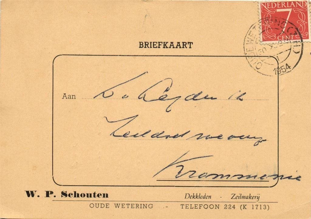 W.P. Schouten, Oude Wetering - 10.1954 - briefkaart, Ophalen of Verzenden, Briefkaart
