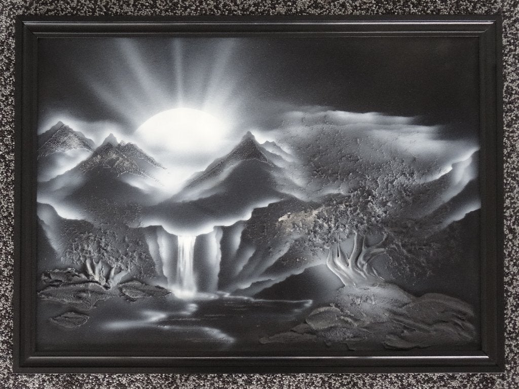 Reliëf schilderij, landschap bergen en waterval, nieuwstaat, Ophalen