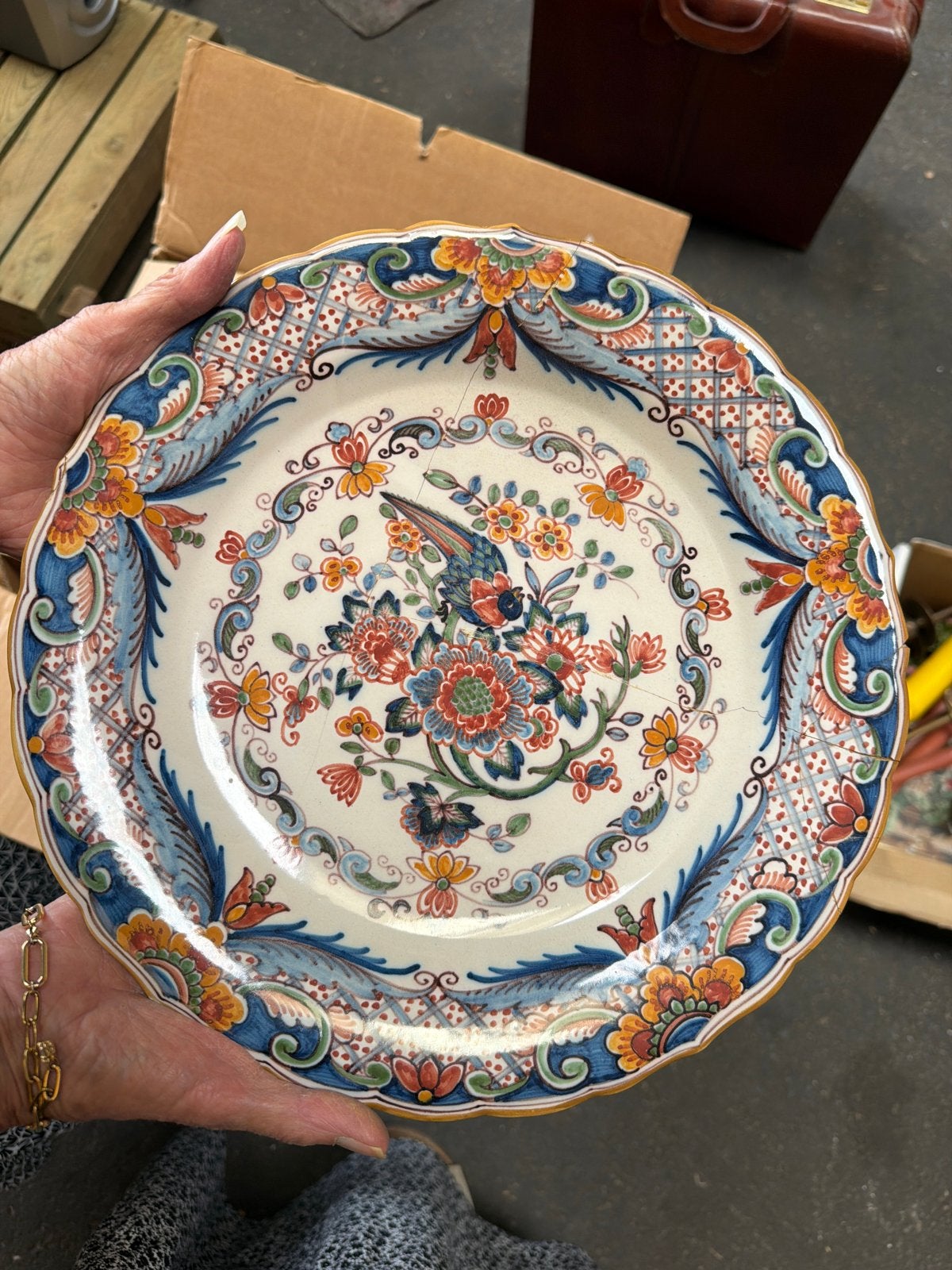 Antiek Delfts Blauw Bord met Vogel en Bloemenpatroon, Ophalen
