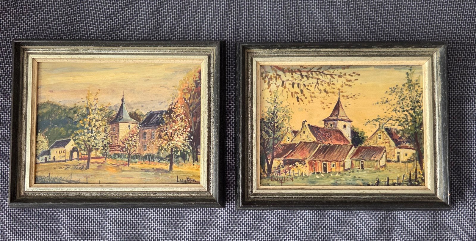 Set van 2 Schilderijen: Dorpsgezicht en Kasteel, Antiek en Kunst, Kunst | Schilderijen | Klassiek, Ophalen, Paneel, Olieverf, Klassiek
