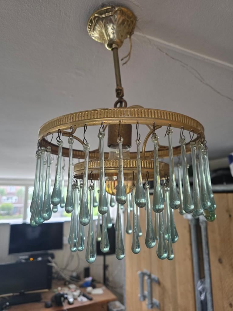Vintage Kroonluchter Klijn met Glazen Druppels, Huis en Inrichting, Lampen | Kroonluchters, Ophalen, Gebruikt, Glas, Vintage, Klassiek, Retro