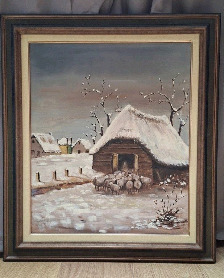 Olieverfschilderij 60x70cm - Winterlandschap met schapen, Ophalen, Handgeschilderd, Doek, Landschap