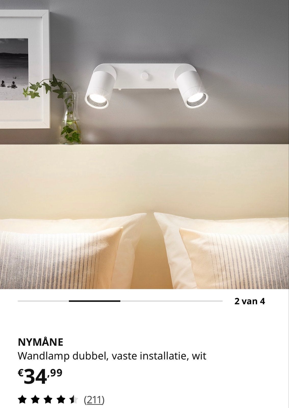 4x IKEA Nymåne wandlamp dubbel wit, incl. spots, Ophalen, GU10, Geschikt voor wandmontage, Zo goed als nieuw