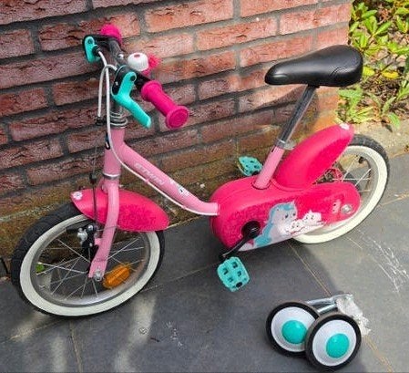B'Twin kinderfiets 14 inch roze met zijwieltjes, Ophalen, Zijwieltjes, Gebruikt, Velgrem