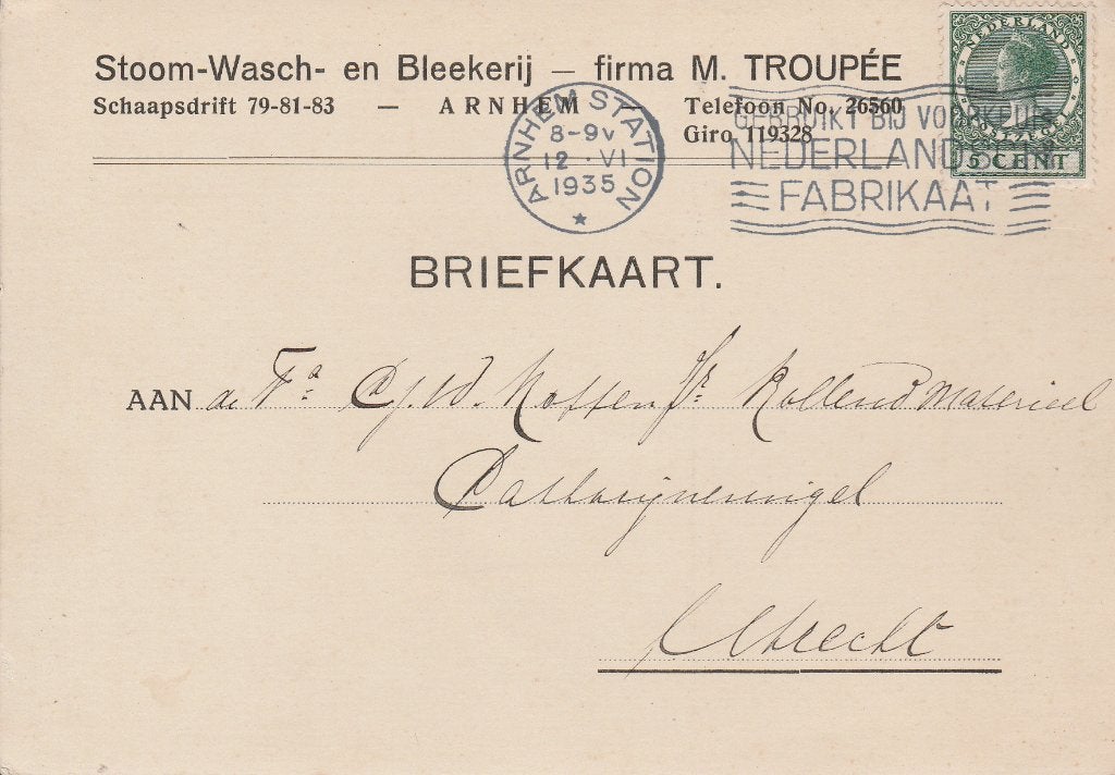 ARNHEM 1935 Fa TROUIPEE Stoom- Wasch Bleekerij Schapendrift, Ophalen of Verzenden, 1920 tot 1940, Gelopen, Gelderland