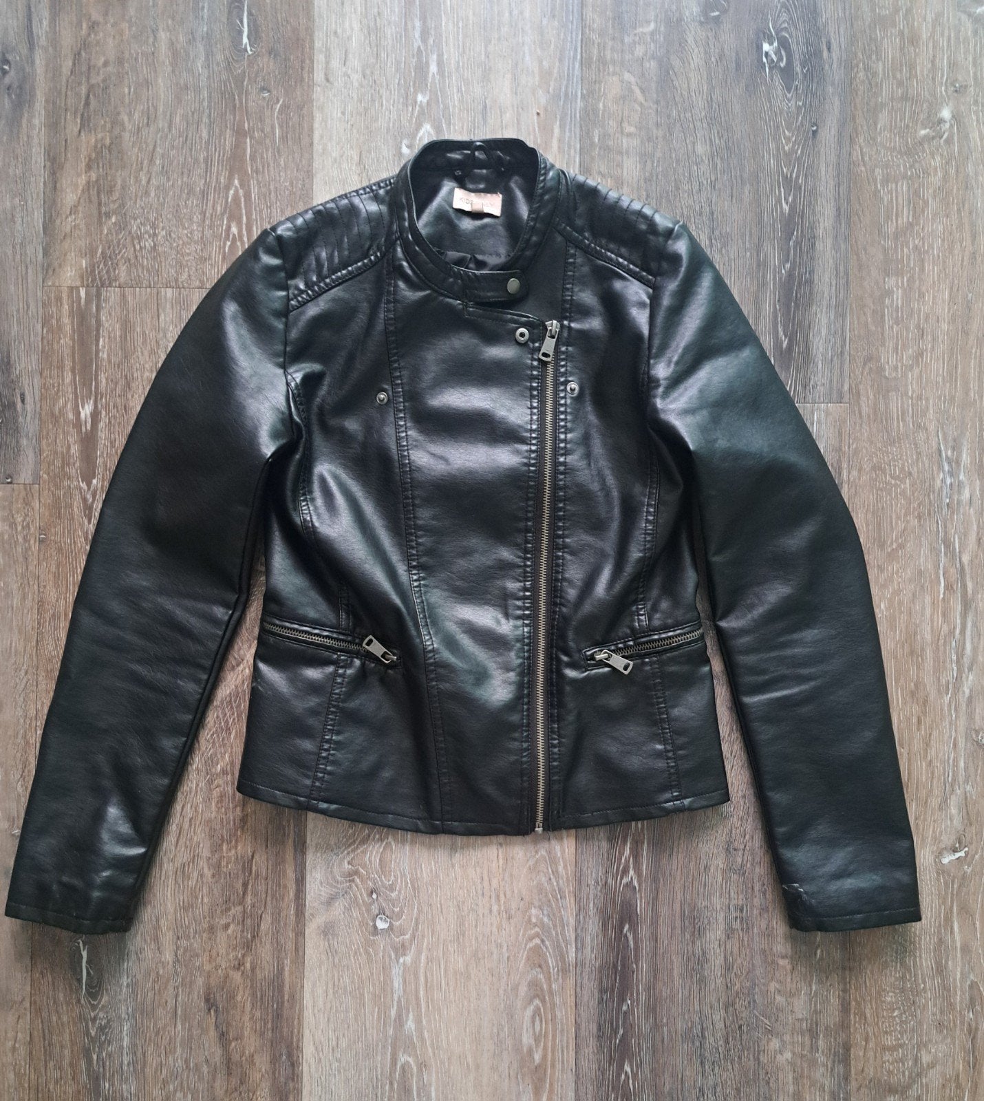 Stoere zwarte imitatie leren jas van Kids Only, maat 164, Meisje, Kids Only, Ophalen of Verzenden, Zo goed als nieuw