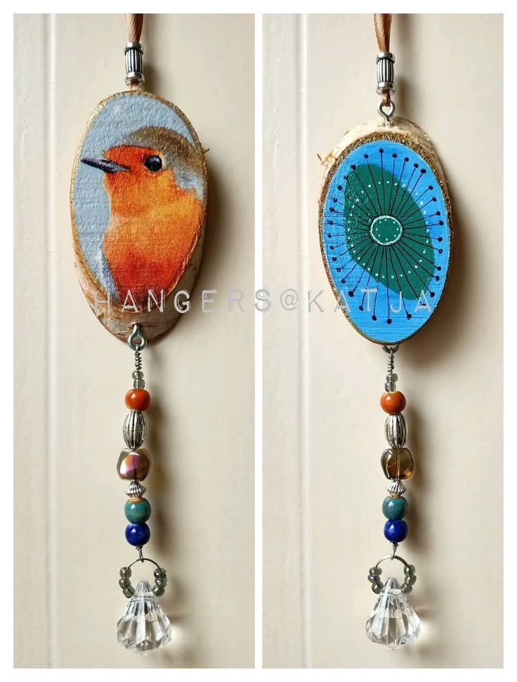 Decoratiehanger decoupage en kralen, vogel, roodborstje, Hout, Meerkleurig, Verzenden, Overige stijlen