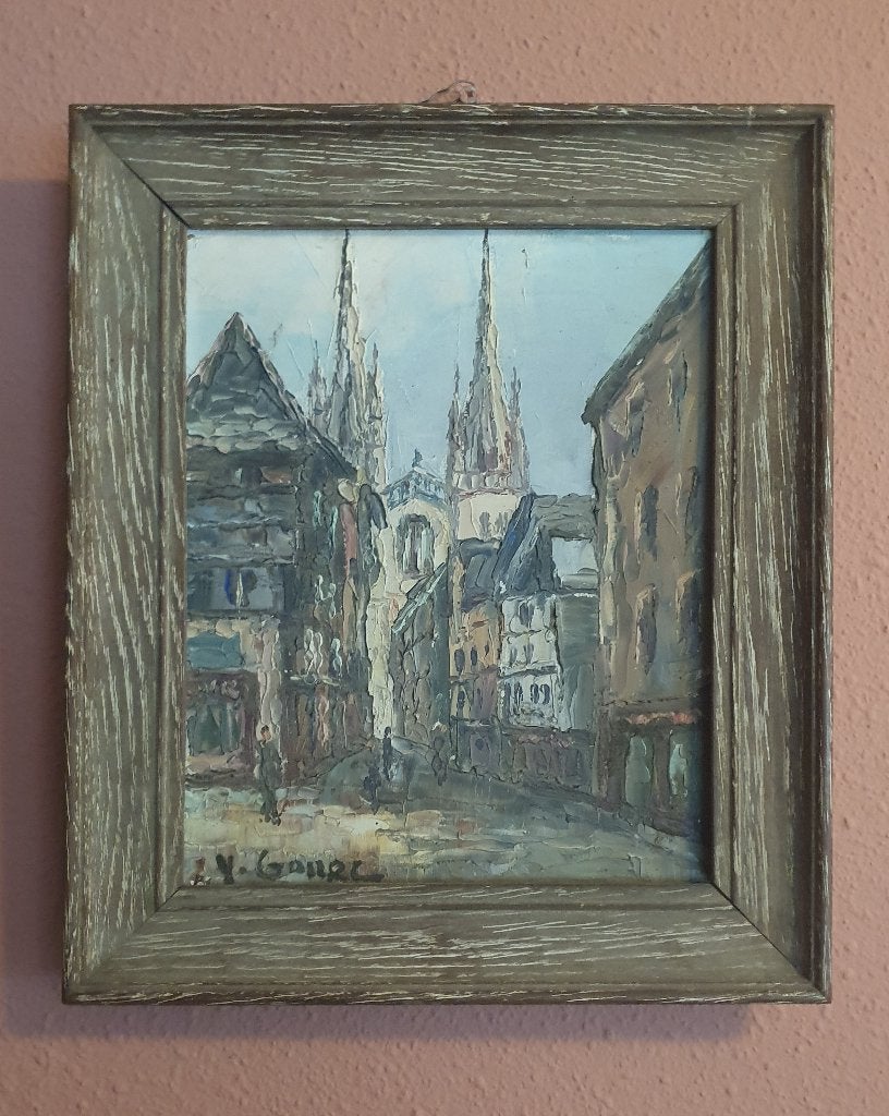 Yves Gonec - Kathedraal van Quimper - olieverf op doek, Doek, Impressionistisch, Ophalen of Verzenden, Gesigneerd
