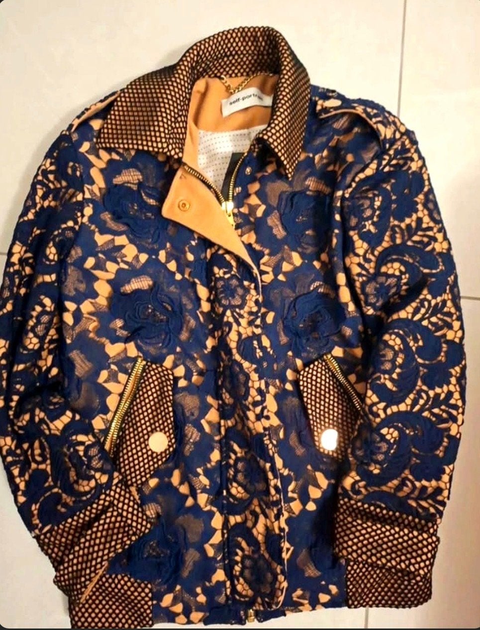 Self-Portrait Lace & Mesh Bomber Jacket - Navy Camel, Verzenden, Zo goed als nieuw, Maat 38/40 (M), Blauw