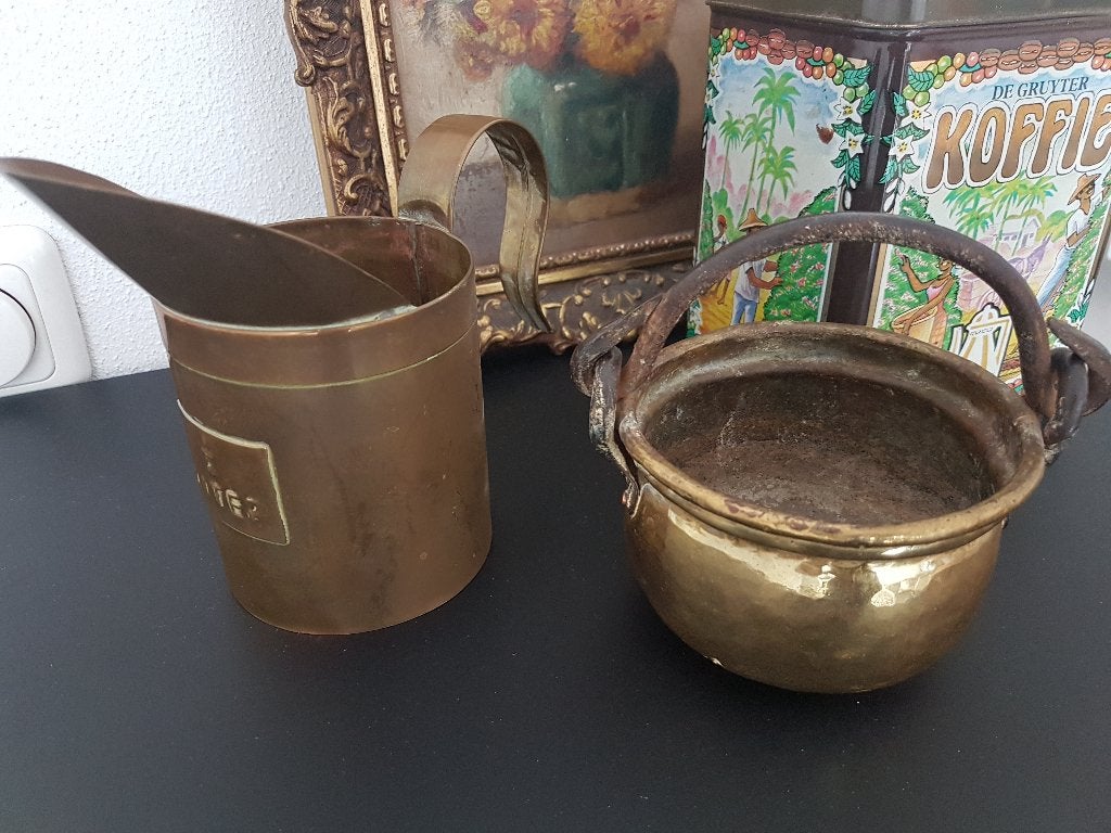 Grote antieke geel koperen 1/2 liter maatbeker €12,50, Ophalen of Verzenden, Koper