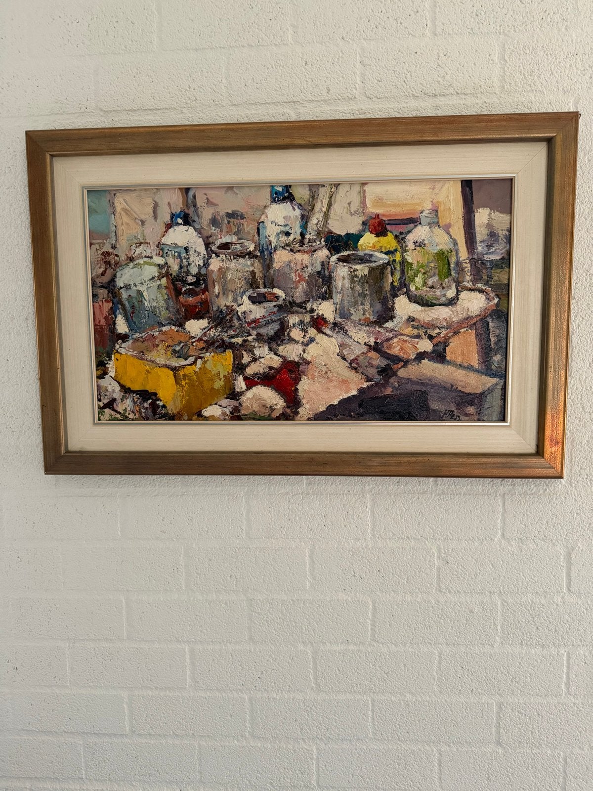 Henri Hess, mijn schilderspullen , potten en flessen, Stilleven, Ophalen of Verzenden, Handgeschilderd, Olieverf
