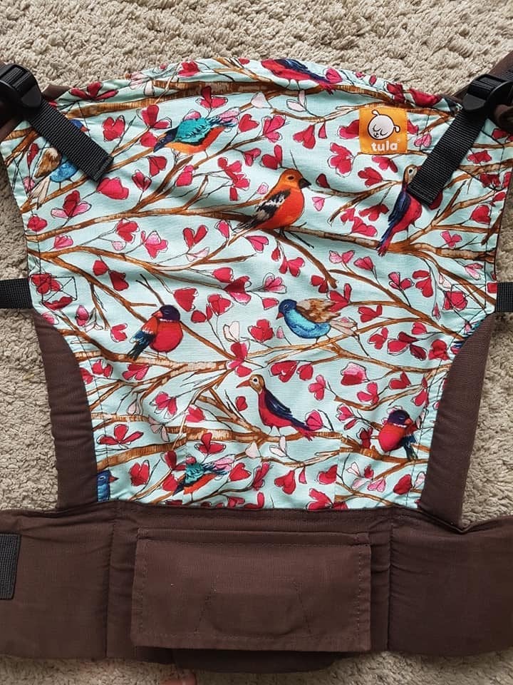 tula draagzak vogeltjes bruin blauw jongen meisje, Overige merken, Gebruikt, Buik of Rug, Ophalen of Verzenden