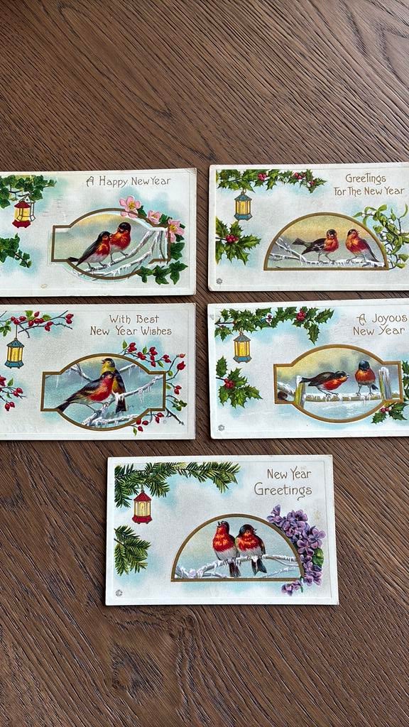 5 reliefkaarten, vogels op besneeuwde tak.Hulst,lantaarn, Verzamelen, Ansichtkaarten | Themakaarten, Ophalen of Verzenden, Voor 1920