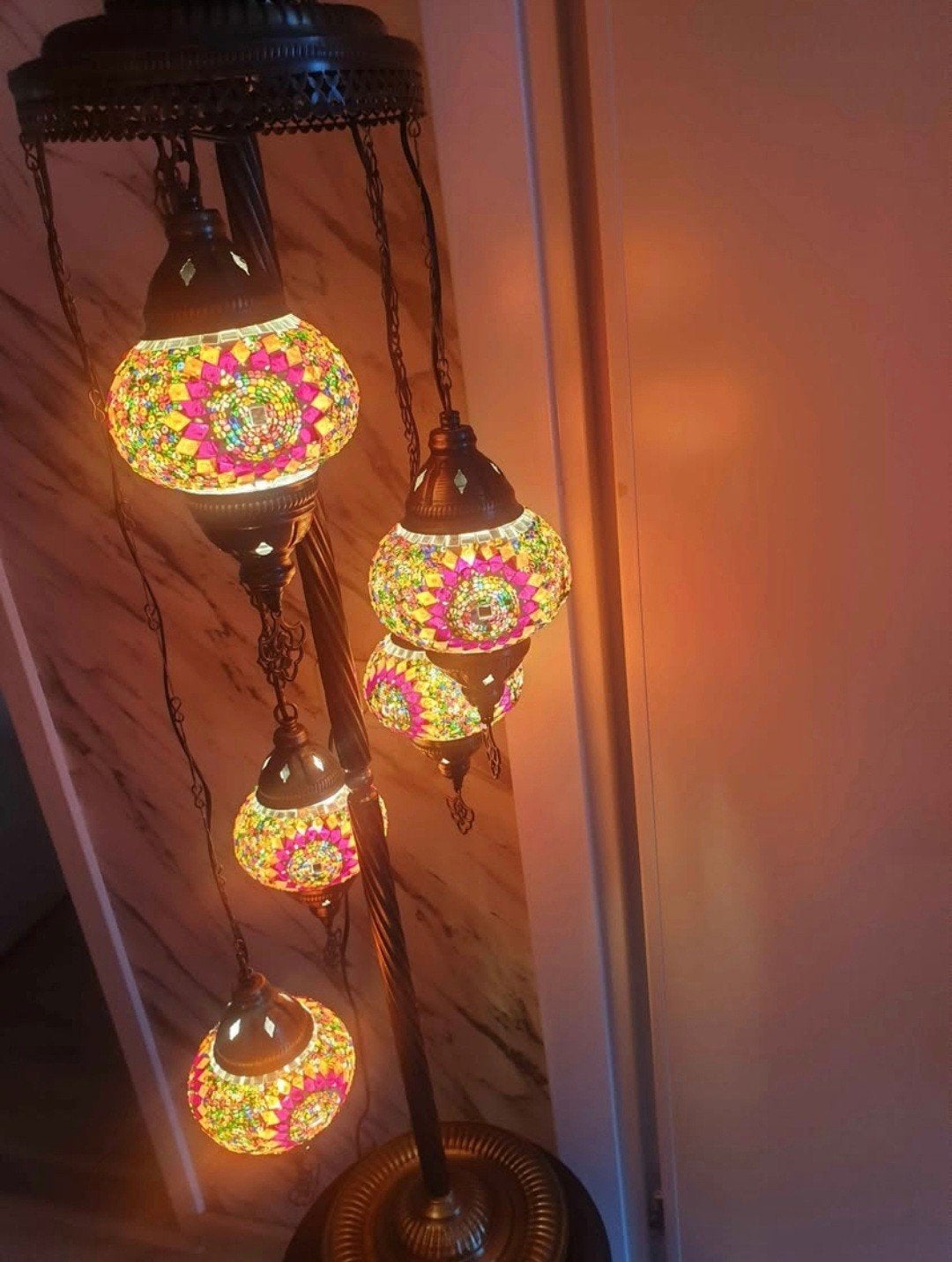 Oosterse Mozaïek Vloerlamp met 5 Lampen, Ophalen, Zo goed als nieuw, Glas, 150 tot 200 cm