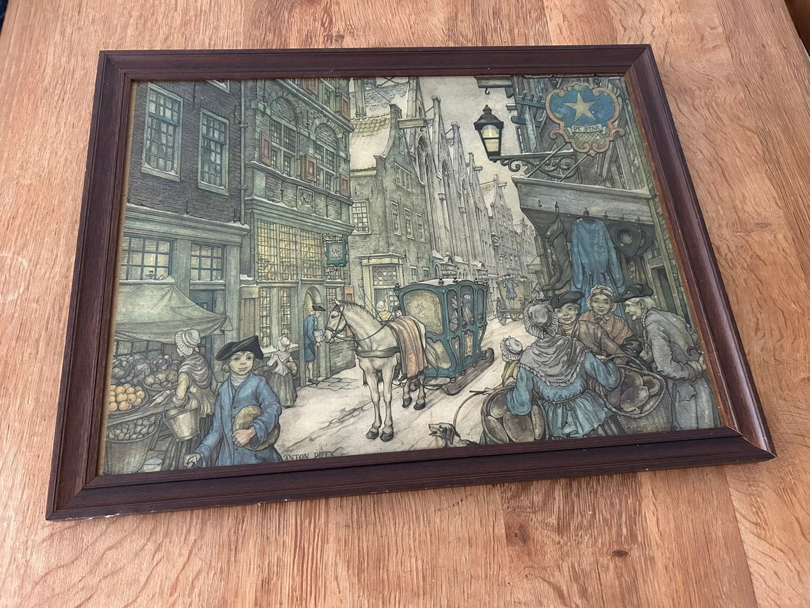 Anton Pieck schilderij - Winters stadsgezicht, Ophalen of Verzenden, Reproductie, Achter glas