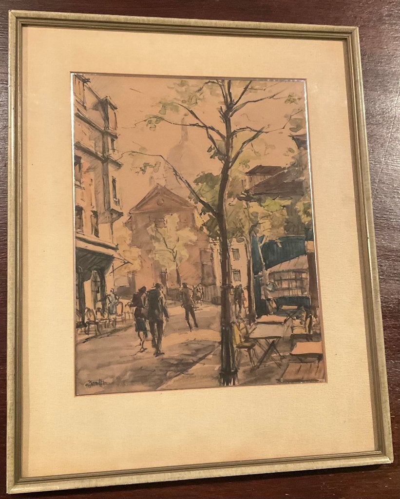 André Krafft - Parijs, Place du Tertre, richting Sacre Coeur, Ophalen, Gedateerd, Klassiek, Aquarel