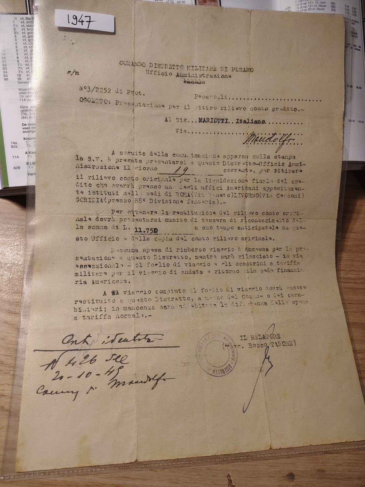 Italië militair document 1947, Ophalen of Verzenden, Landmacht