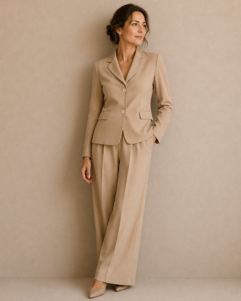 Max Mara Crème Broekpak Blazer & Wide Leg Trousers EU38, Maat 38/40 (M), Kostuum of Pak, Verzenden, Beige