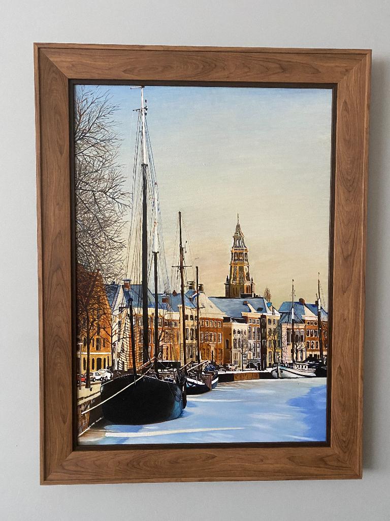 Schilderij Hoge der Aa winter, Groningen, Antiek en Kunst, Kunst | Schilderijen | Klassiek, Ophalen of Verzenden