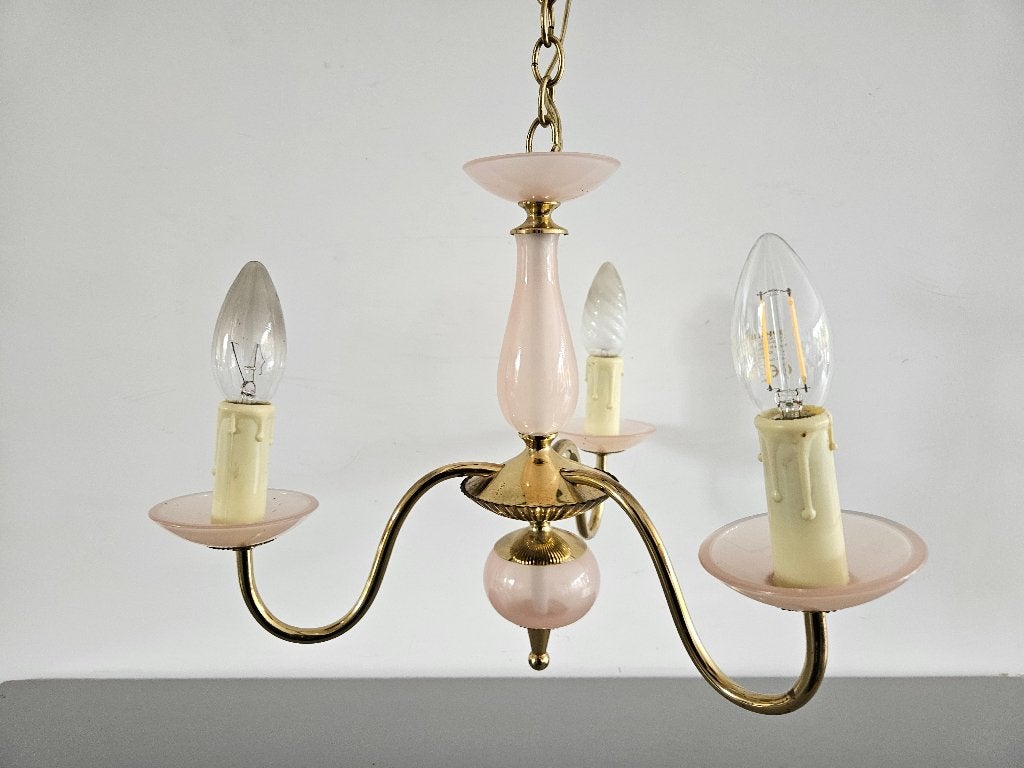 Kroonluchter met roze opaline glas, Ophalen of Verzenden, Gebruikt, Glas